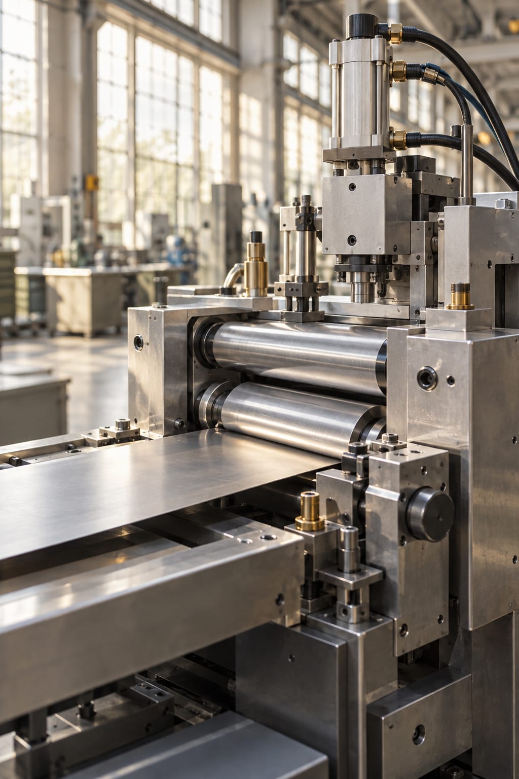 Metal rollers and manufacturing equipment in a bright workshop